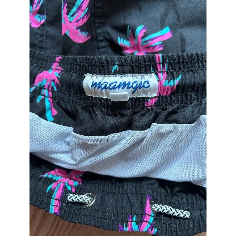 New Mens Maamgic Tropical Palm Tree 🌴Print Swim Trunks w/Liner Black Medium